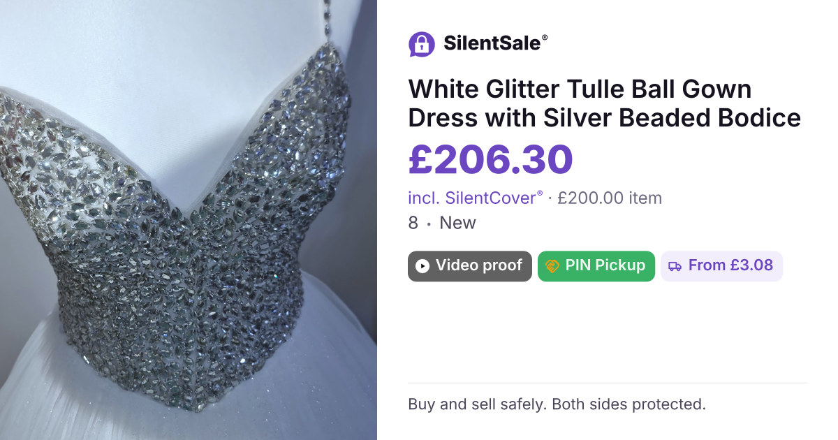 White Glitter Tulle Ball Gown Dress with Silver Beaded Bodice