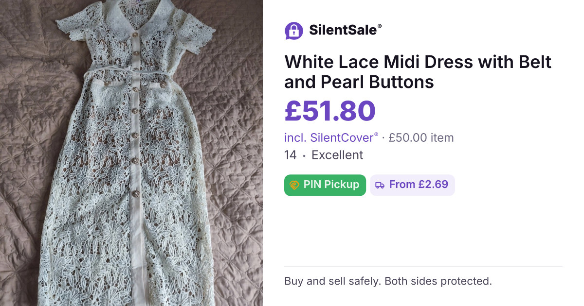 White Lace Midi Dress with Belt and Pearl Buttons