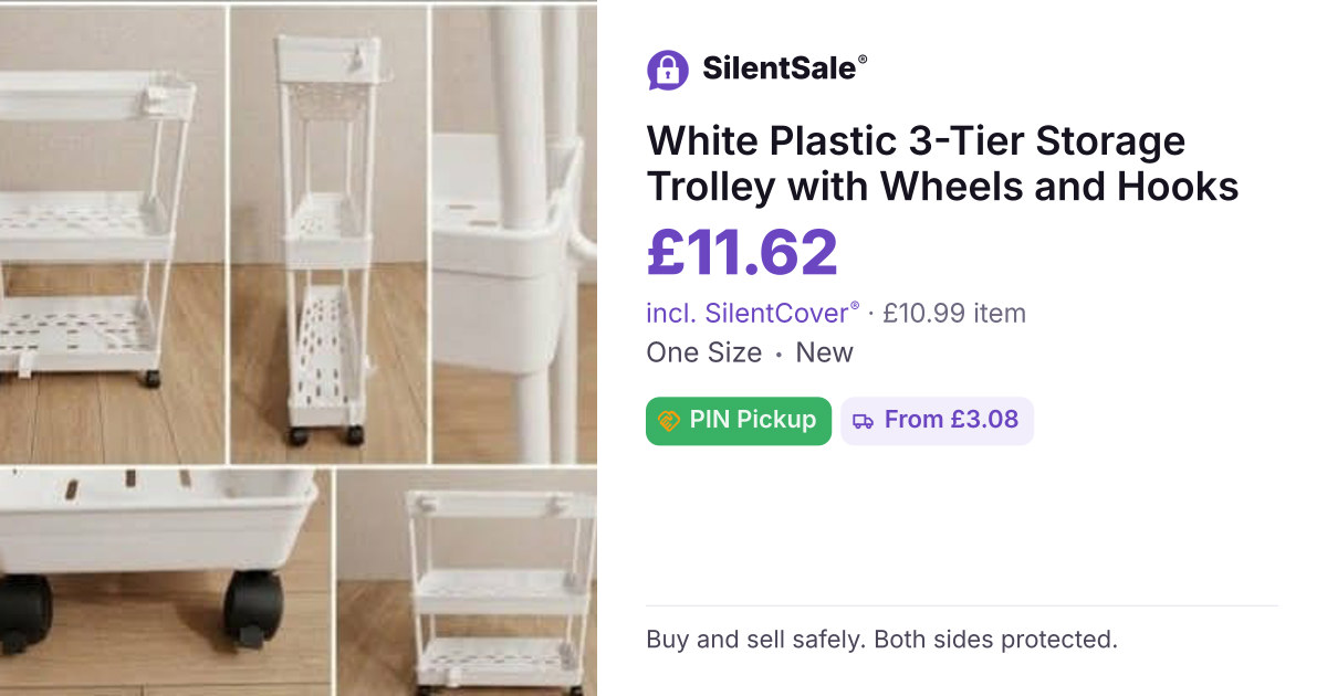 White Plastic 3-Tier Storage Trolley with Wheels and Hooks