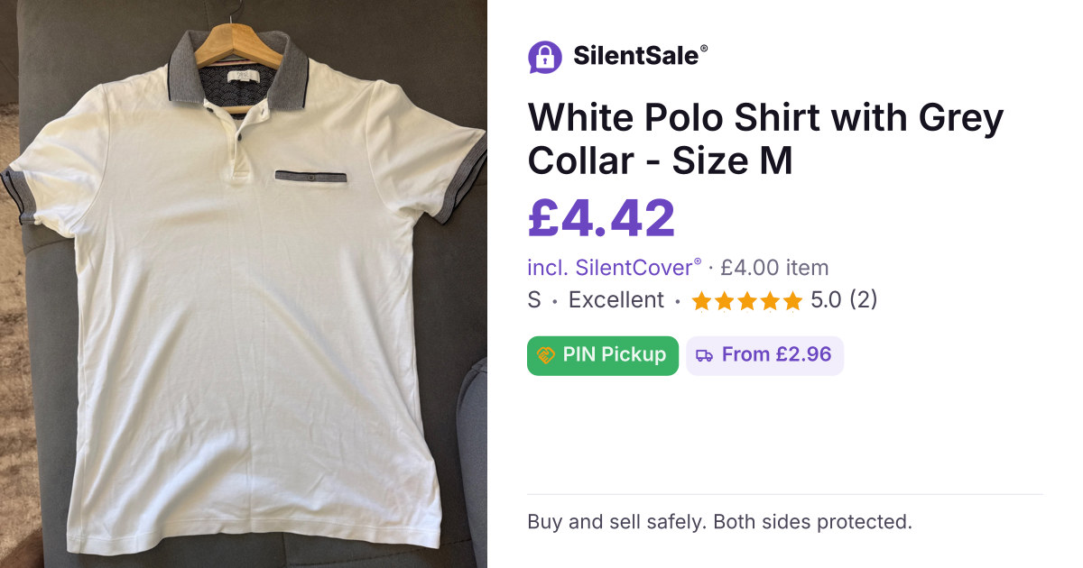 White Polo Shirt with Grey Collar - Size M
