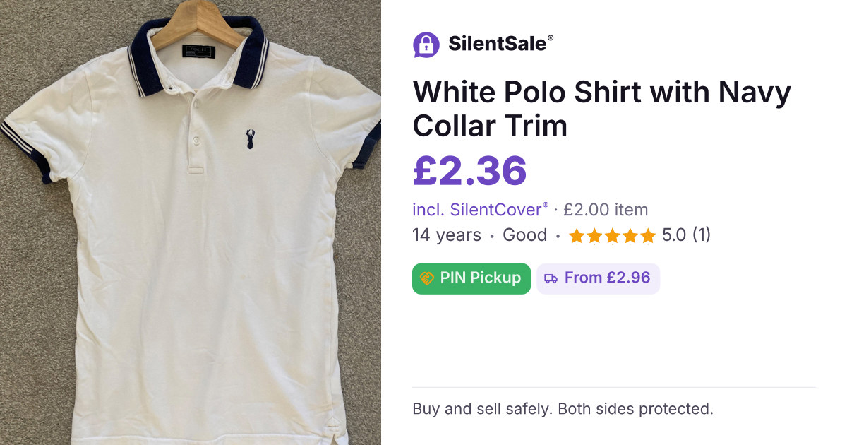 White Polo Shirt with Navy Collar Trim