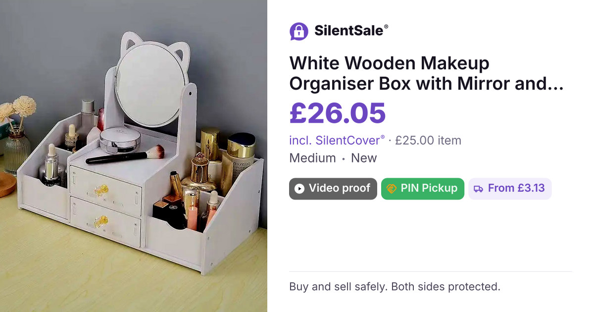 White Wooden Makeup Organiser Box with Mirror and Drawers