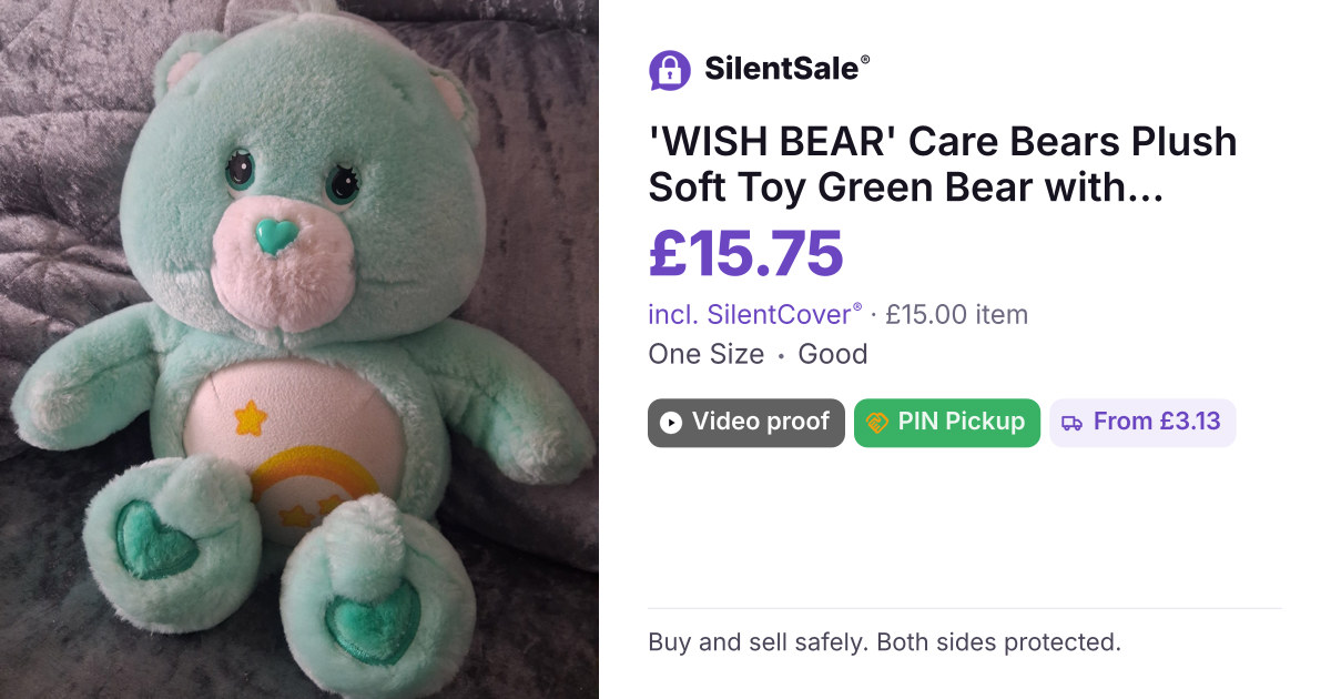 'WISH BEAR' Care Bears Plush Soft Toy Green Bear with Rainbow Heart