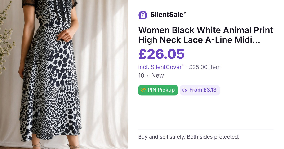 Women Black White Animal Print High Neck Lace A-Line Midi Dress L