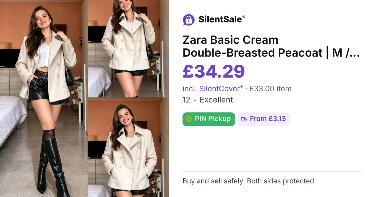  Zara Basic Cream Double-Breasted Peacoat | M / UK 12–14
