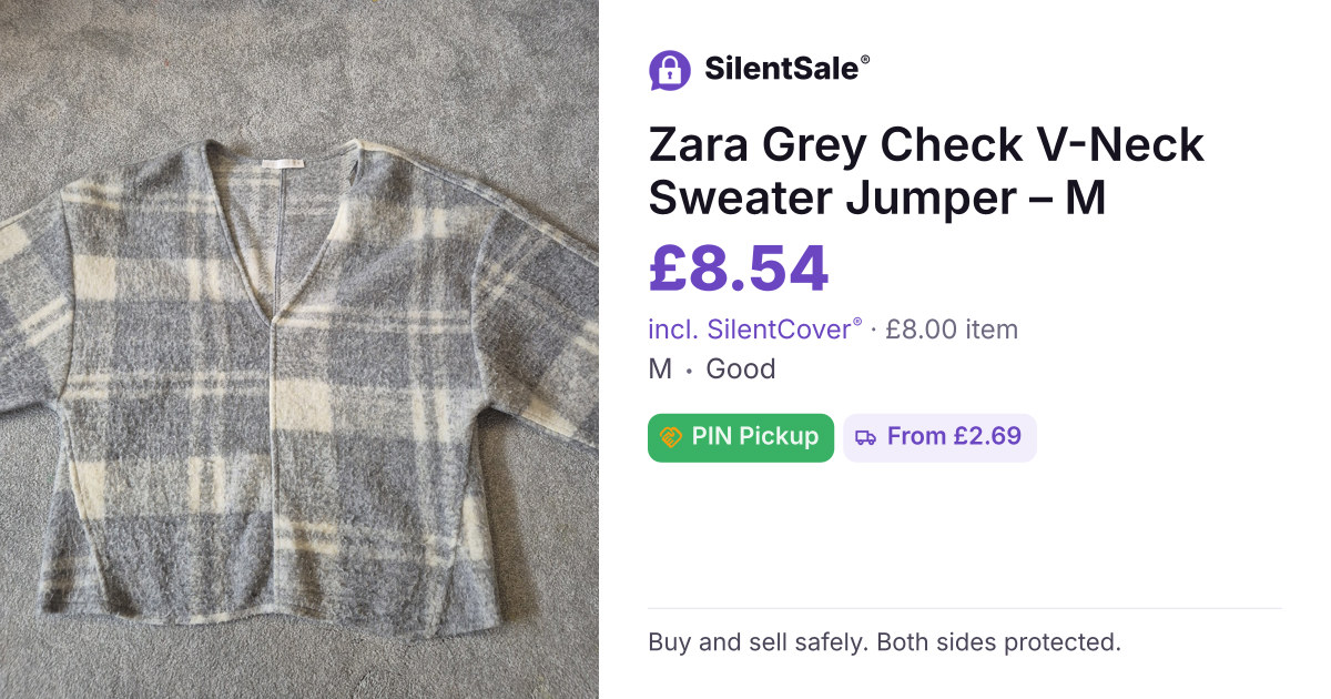 Zara Grey Check V-Neck Sweater Jumper – M